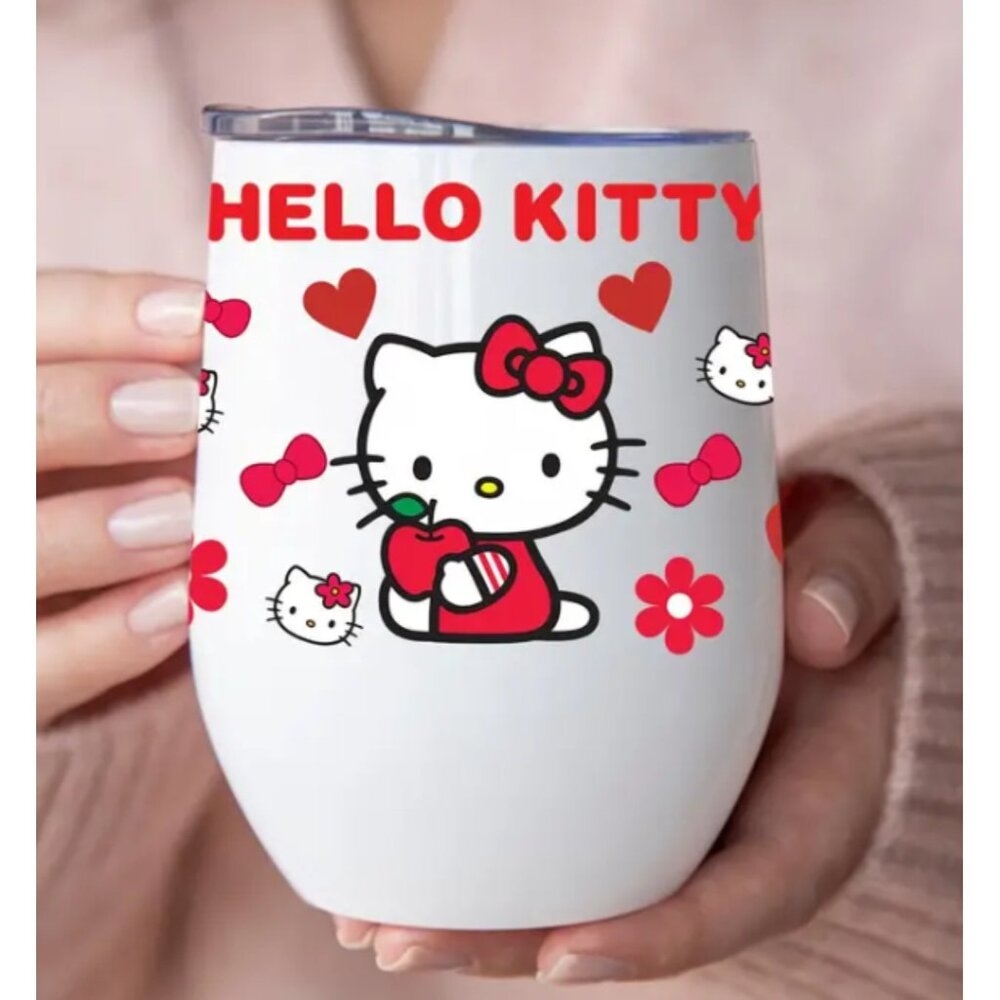 Hello Kitty 12oz Stainless Steel Tumbler Wine Glass with Lid Cute Hearts Design